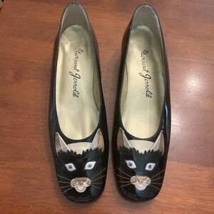 Vintage 80s Cat Face Shoes, Size 7.5 Margaret Jerrold Patten Leather Flats